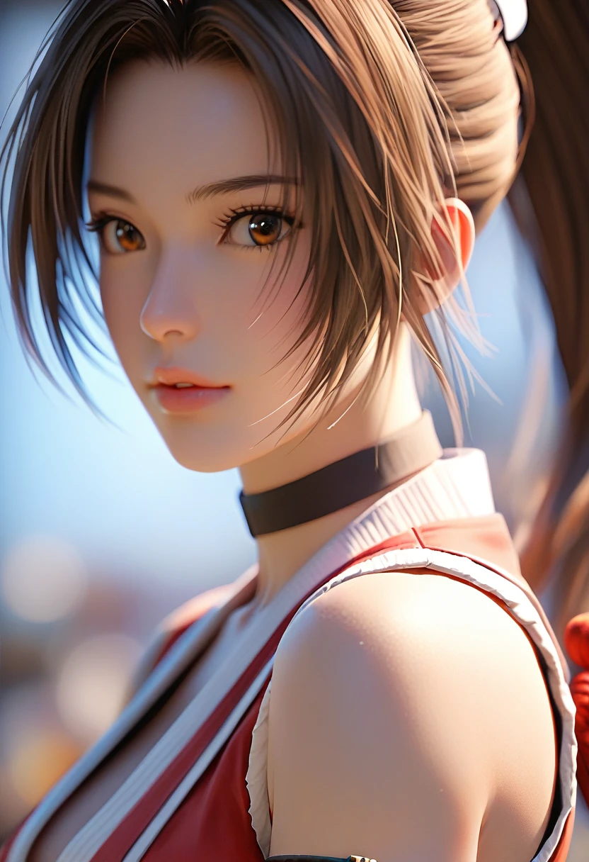 score_9, score_8_up, score_7_up, Girl's profile picture, realistic skin texture, detailed picture, close-up, HD32k, long hair, brown hair, bare shoulders, brown eyes, ponytail, torn japanese clothes, sleeveless, torn choker, blurry, lips, blurry background, parted bangs, torn sash, high ponytail, rope, armband, ninja, shiranui mai,Painstaking Attention To Details,PEAnimeBG,starlight