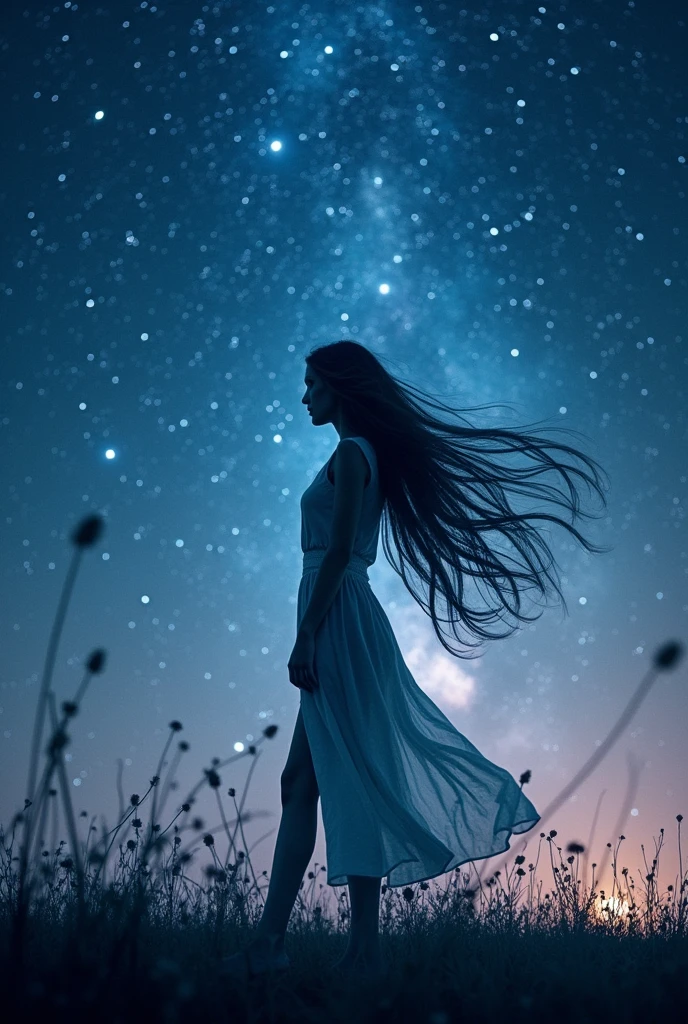 Starry sky, long exposure, double exposure, silhouette of a beautiful long-haired girl