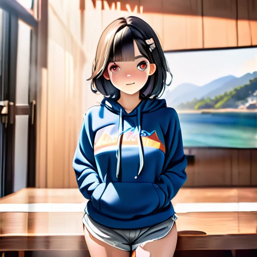 photography, masterpiece, top quality, photorealistic, 8K, high resolution, detailed skin, 8K Ultra HD, DSLR, soft lighting, high quality, film grain, Fujifilm XT3, (upper_body:1.4), 1.2, realistic, Ultra Detail, Ultra High Resolution, blurry, extremely detailed CG unity 8k wallpaper, finely detail, highly detailed, cinematic lightning, official art, perfect anatomy, perfect hands, perfect face, round face, best quality, dreamlikeart, (8k, RAW photo, best quality, masterpiece:1.2), (perfect face:1.3), (BREAK:1.7), 1 girl, beautiful Korean girl, (lindo cabello suelto Bob) , (usando una sudadera con capucha corta, pantalones capri: 1.5) , (manos en los bolsillos: 1.5) , (labios rojos: 1.3) , (small breasts: 1.3) , (tonificados) stomach:1.3) , (Eyelashes:1.2) , (aegyo sal:1.2) , (rostro detallado) , fondo inmersivo, volumetric fog, Global lighting, (cabello suelto) , (sonrisa brillante) , natural lighting, ((hermosos ojos detallados , Symmetrical eyes) , (fotorrealismo: 1,5) , (fotorrealista: 1,4) , (8k, foto RAW, obra maestra) , RAW color photography with high detail, realista, (Maximum quality) , (mejor sombra) , (best illustration) , ultra fondos de pantalla 8K unificados