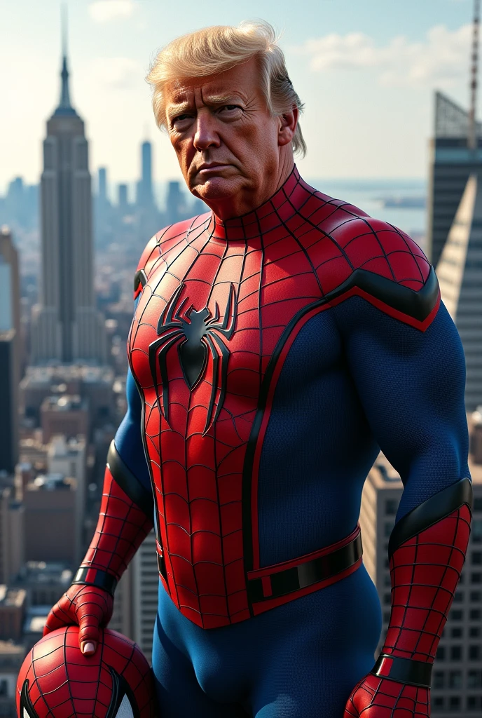 Create a hyper-realistic image of Trump wearing a Spider-Man costume, On top of the tallest building in New York, with the mask in hand