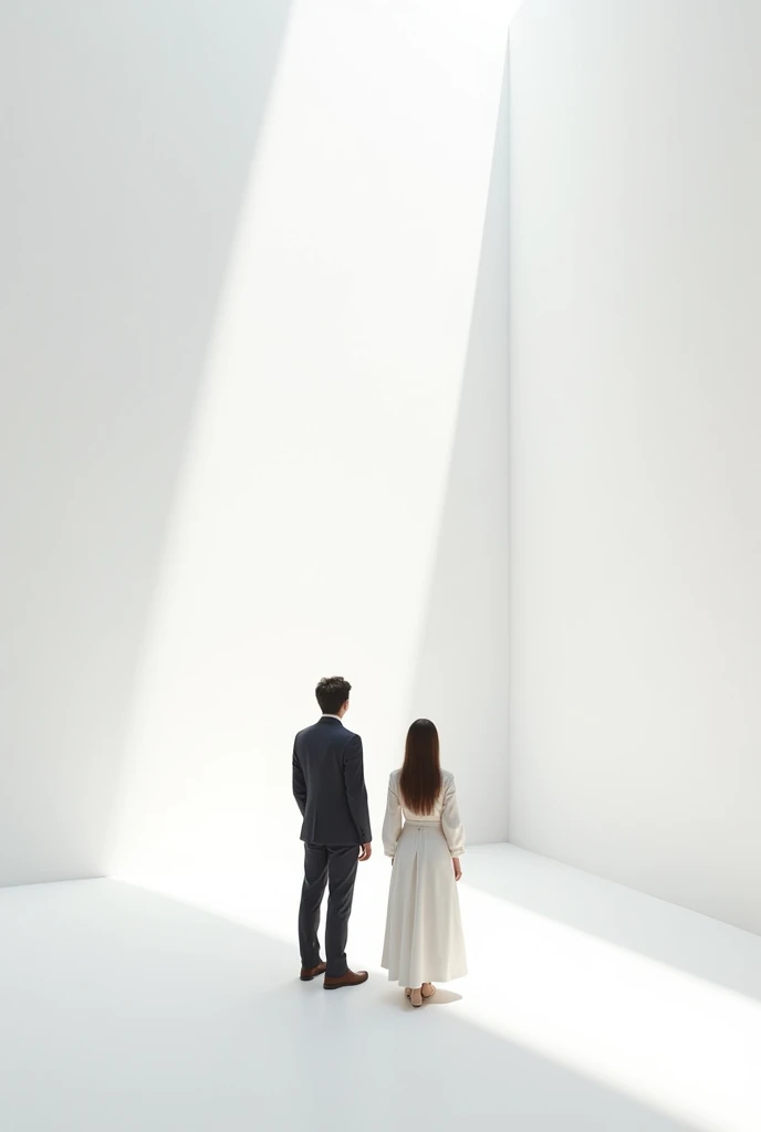 Create a white wall, Around place two adults who look at the wall and are amazed by how beautiful it looks