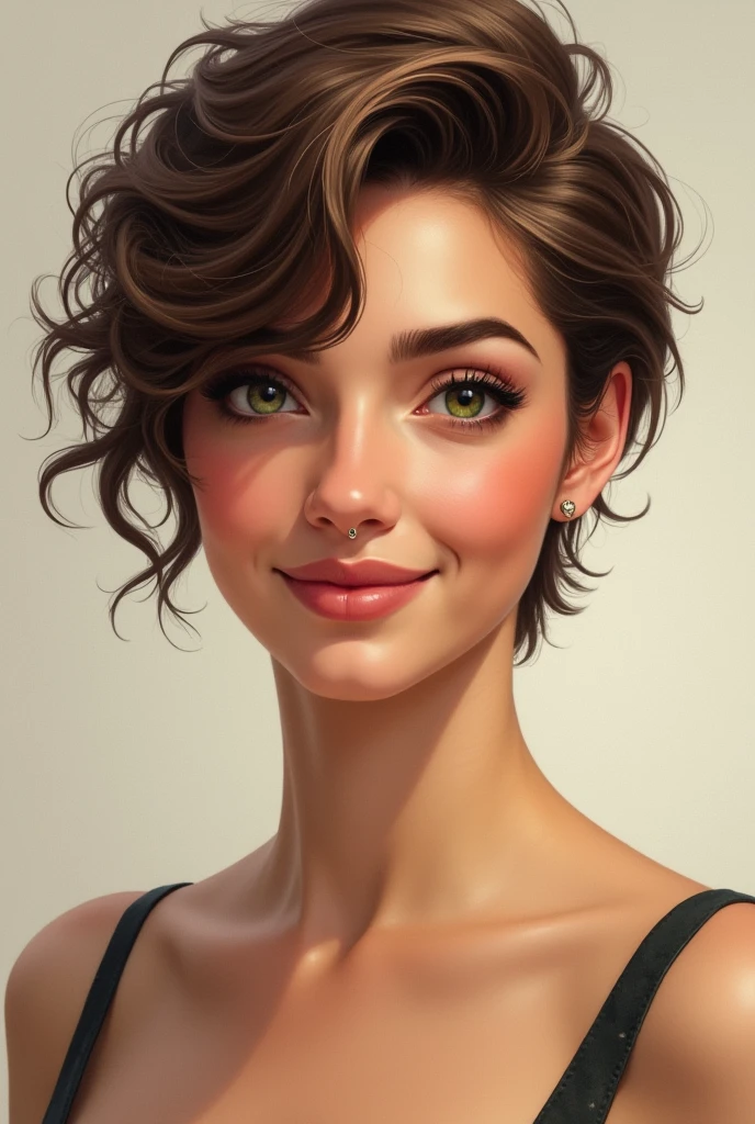((Meilleure qualité)), ((chef-d'œuvre)), (détaillé), visage parfait rond, joues rondes, Femme turque de 36 ans, grain de beauté près de l'œil gauche, yeux verts, NSFW, coupe courte de style pixie, cheveux chatains clairs, cheveux en mèches, cheveux bouclés, hanches et cuisses pleines, souriant, piercing nez