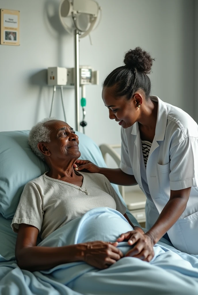 44 years of marriage african  woman hgiving her husband help in the hospital 