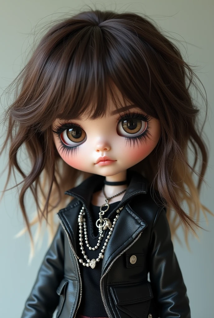 Make me a blythe doll, with loose hair, in layers, messy dark brown hair and several blonde strands in front, dark brown eyes, eye shadow and black eyeliner, silver chains and alternative