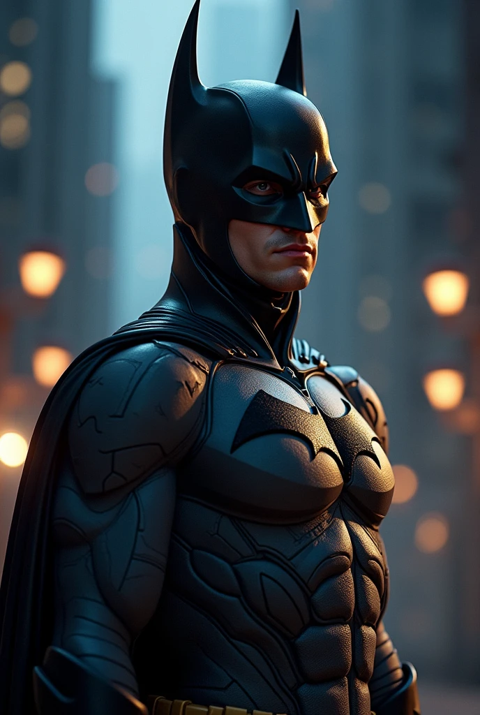 A 23 year old man with brown hair, beautiful smile and wearing a Batman costume 