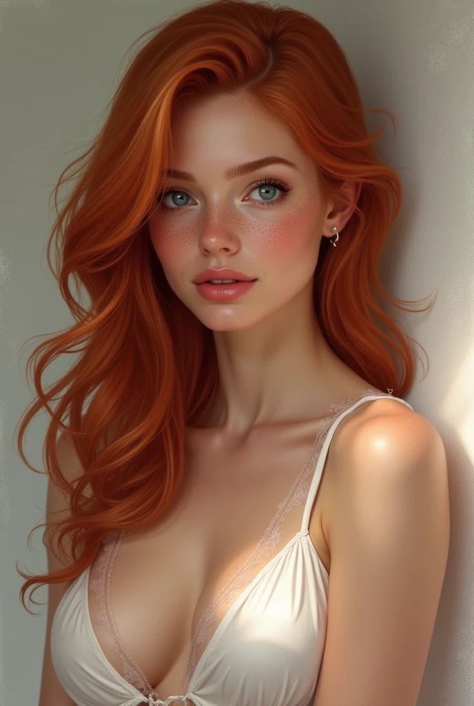 A red-haired woman with freckles on her face and blue eyes With beautiful breasts