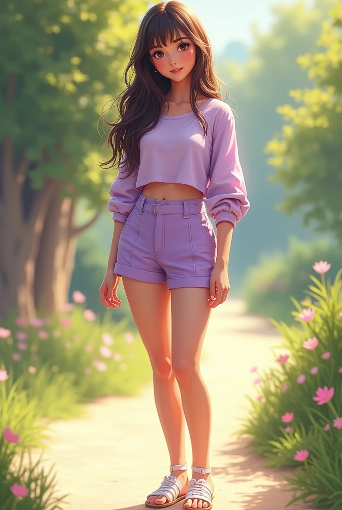 Teenage girl wearing lilac set of shorts with long sleeve top and white lace-up sandals 