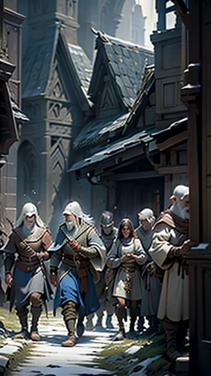 The human king Aric and the elf mage Elara gathering the medieval human warriors and medieval elf mages on the battlefield, na era medieval. They are in a dramatic setting with an atmosphere of anticipation., preparing to face the orcs that are approaching in the background.