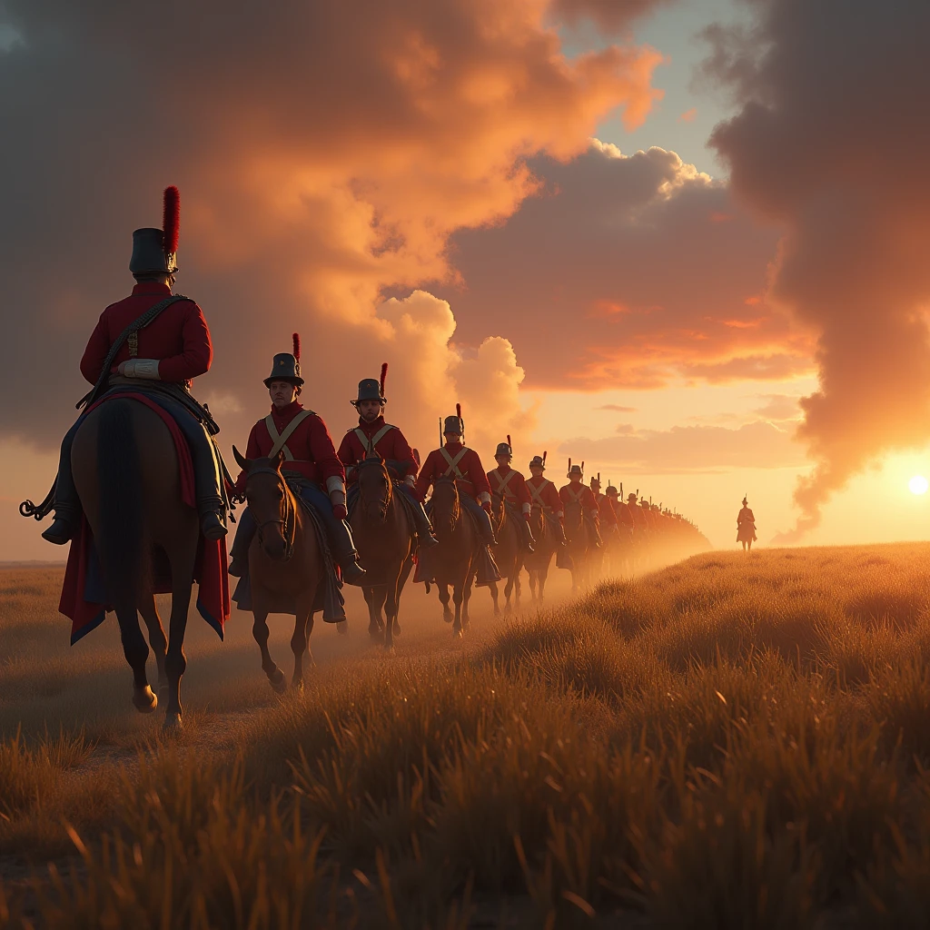 A hyper-realistic, photographic depiction of a melancholic evening during the Napoleonic Wars. A long line of French soldiers in historically accurate red and blue uniforms, complete with detailed shakos, marches through a vast, golden field. Their muskets are slung over their shoulders, and the expressions on their faces are captured with stunning clarity, showing weariness and resolve. Leading the formation is an officer on horseback, his uniform and horse rendered in photographic detail. The setting sun casts a dramatic, orange and red glow across the sky, with realistic clouds and intense lighting effects creating long shadows over the soldiers and field. The sky is ablaze with rich reds, oranges, and purples, partially obscured by thick clouds, and the entire scene is illuminated with soft, natural light. Light mist rises from the ground, and every blade of grass, fold of the uniform, and shadow is rendered with sharp realism. The distant sound of battle is faint in the background, with the overall mood heavy with a sense of loss and quiet endurance. The scene is photographed with high resolution, capturing every detail of the soldiers, their uniforms, the landscape, and the atmosphere with vivid accuracy.