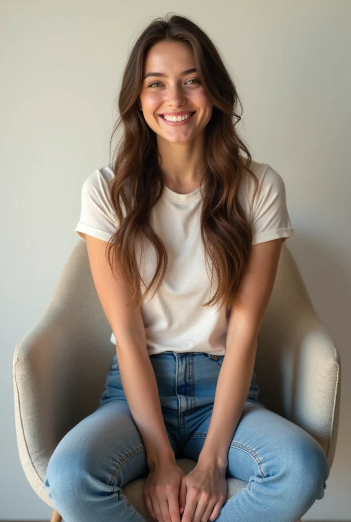 Cute girl with jeans sitting down at chair infront camera without fold legs