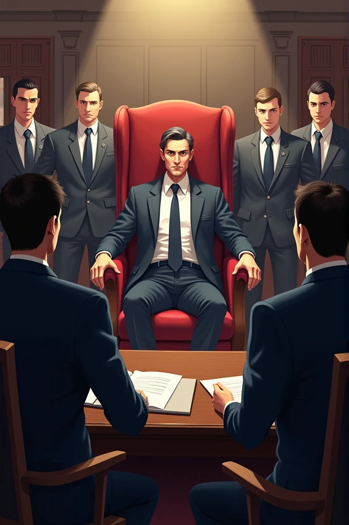 I am sitting in the official big chair. I am sitting in my freelancing office. In front of me are 5 officers listening to me. Everyone is wearing a neck tie and blazer.