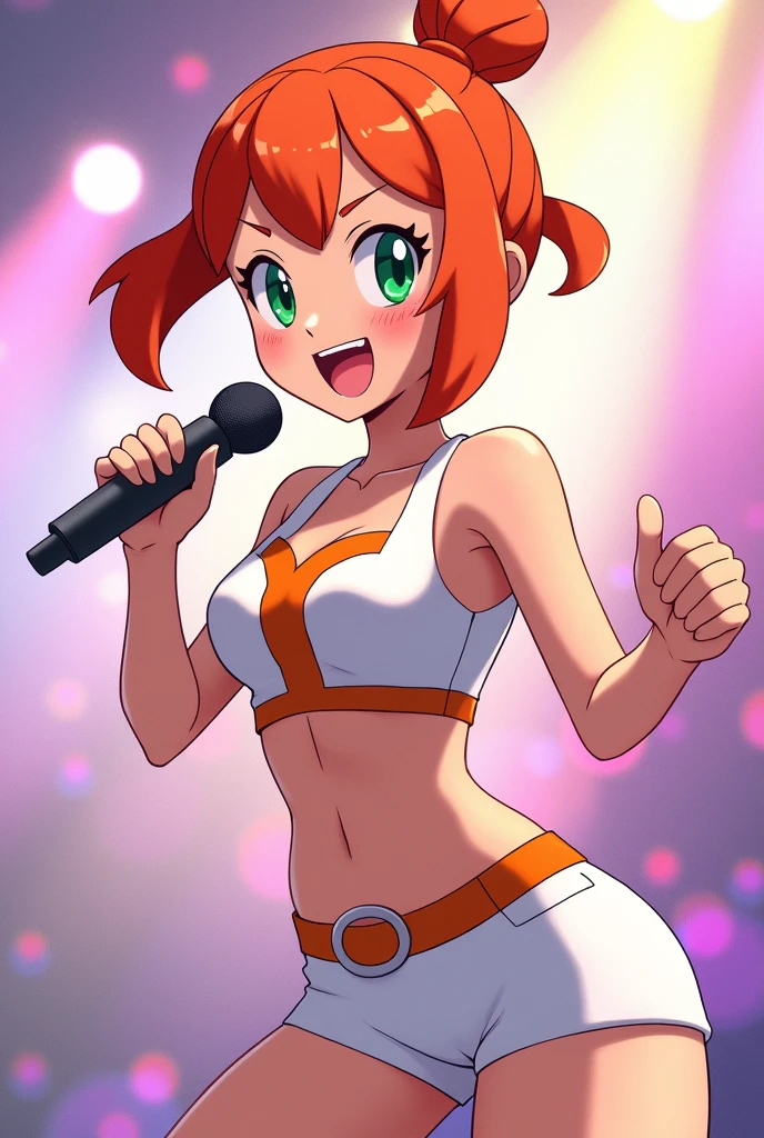 Draw Misty from Pokémon in anime version as a pop star dancing with a microphone in her hand, green eyes and a radiant smile, surrounded by a background with pastel colors. Her hair is short orange tied into a ponytail ,Her bangs are divine in three parts.

Let your clothes be white with orange.
