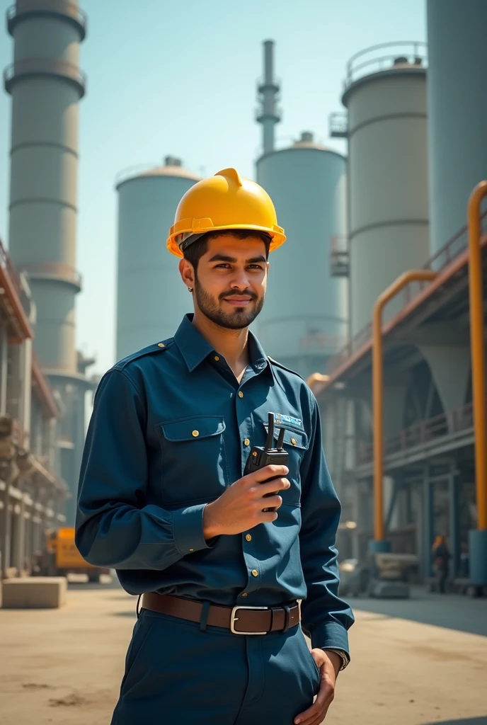Create a HSE Manager image in office at Engro fertilizer age 22 with helmet and walki talki