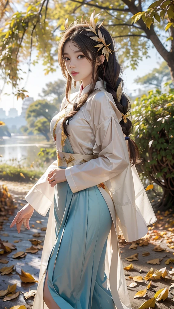 ulzzang-6500-v1.1, (RAW photo: 1.2), (Real photo), (Real photo: 1.4), 1 girl、Perfect anatomy、1、Looking at the camera、Medium length hair、side braid, Vietnamese ao dai, walking under a tree with many fallen leaves, in the sun, ((under a tree with many fallen leaves: 1.1))、(Business service)、Asian eyes Ella,