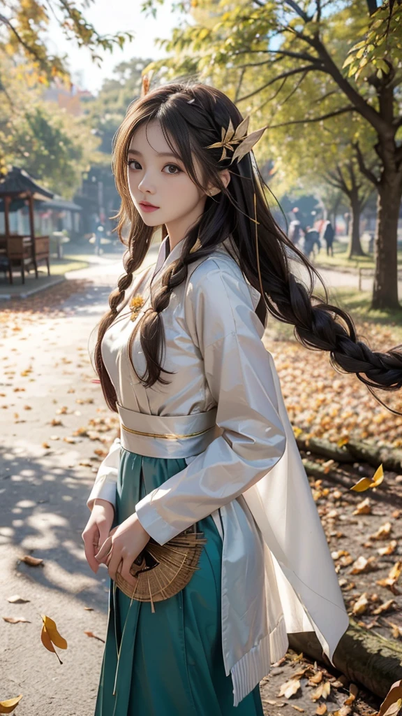 ulzzang-6500-v1.1, (RAW photo: 1.2), (Real photo), (Real photo: 1.4), 1 girl、Perfect ???????、1、Looking at the camera、Medium length hair、side braid, Vietnamese ao dai, walking under a tree with many fallen leaves, in the sun, ((under a tree with many fallen leaves: 1.1))、(Business service)、Asian eyes Ella,