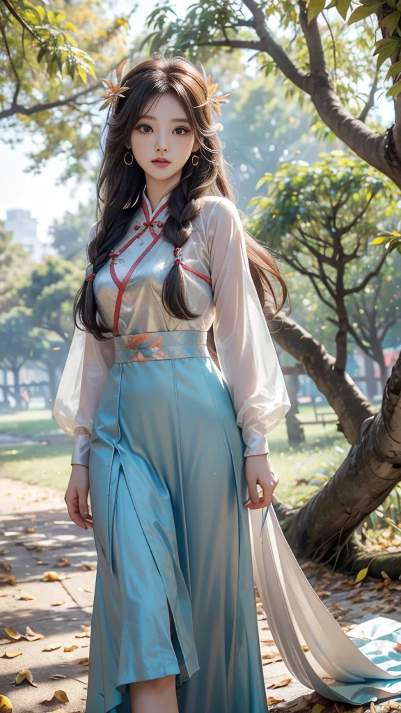 ulzzang-6500-v1.1, (RAW photo: 1.2), (Real photo), (Real photo: 1.4), 1 girl、Perfect anatomy、1、Looking at the camera、Medium length hair、side braid, Vietnamese ao dai, walking under a tree with many fallen leaves, in the sun, ((under a tree with many fallen leaves: 1.1))、(Business service)、Asian eyes Ella,