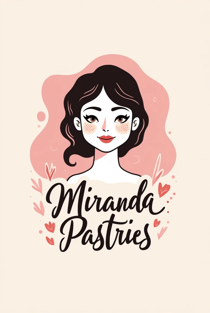 Create a company logo that says Miranda Pastries with a small drawing of a white-skinned woman with dark hair and freckles on her face and that is related to pastry with pink colors.