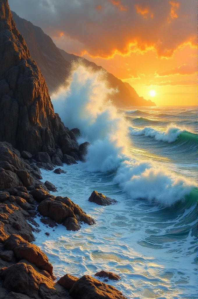 waves breaking on rocks at sunset drawing