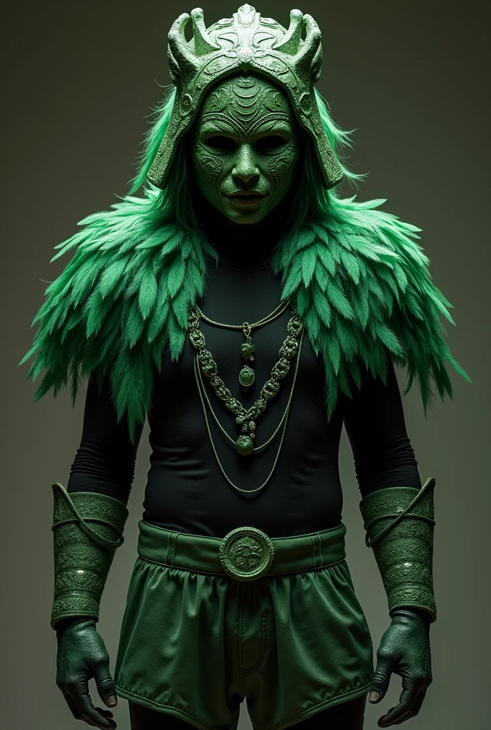 Green stone mask costume with green feather shoulder pads, green shorts and a black shirt