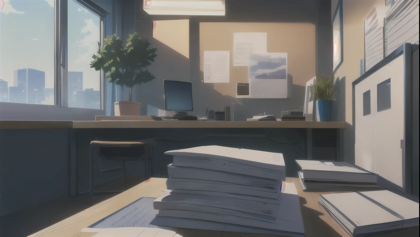 there is a desk with a lot of papers on it and many documents, office background, studio glibly makoto shinkai, anime background art, anime background, makoto shinkai. —h 2160, corner office background, style of makoto shinkai, ( ( makoto shinkai ) ), anime movie background, greg rutkowski makoto shinkai, blue sky from the window، اوراق ومستندات مبعثرة كثيرة