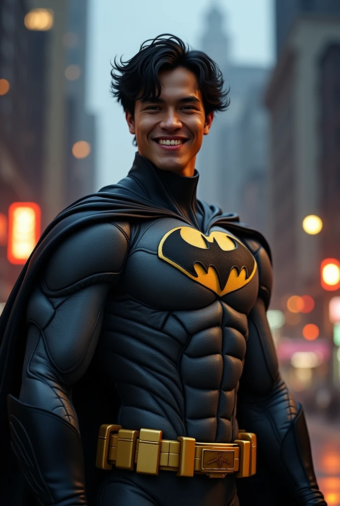 A 23 year old brown man with black hair, beautiful smile and wearing a Batman costume