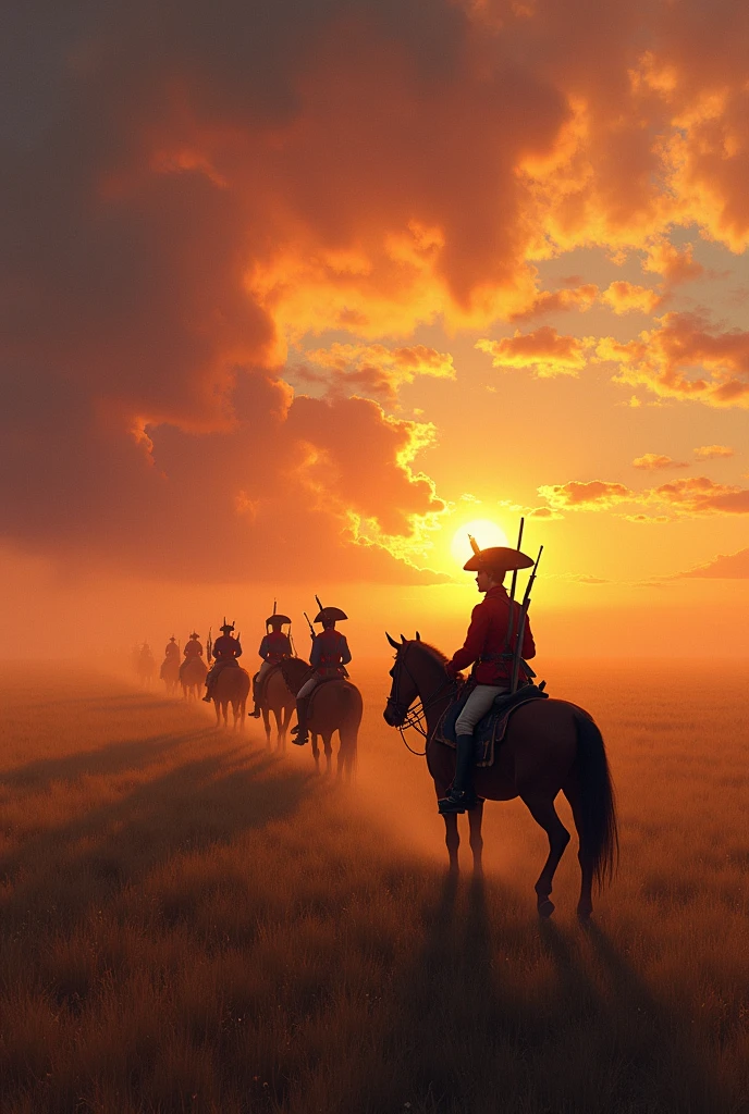 A poetic and melancholic evening during the Napoleonic Wars. A bunch of of French soldiers in their iconic red and blue uniforms, complete with shakos, marches through a vast, golden field. They carry muskets on their shoulders, and their expressions are weary and resolute. Leading the formation is an officer on horseback, guiding the soldiers forward. The setting sun is low on the horizon, casting a dramatic orange and red glow across the sky, with the warm light stretching long shadows over the field. The sky is a mix of intense reds, oranges, and purples, as thick clouds partially obscure the sun, creating a somber yet beautiful atmosphere. Light mist rises from the ground, adding a soft haze to the scene, and the distant sound of battle fades into the background. The mood is heavy with a sense of inevitable loss, as the soldiers march onward, the scene bathed in the warm, fading light of the day. The overall atmosphere is both peaceful and haunting, emphasizing the quiet endurance of the soldiers as they face the hardships of war."