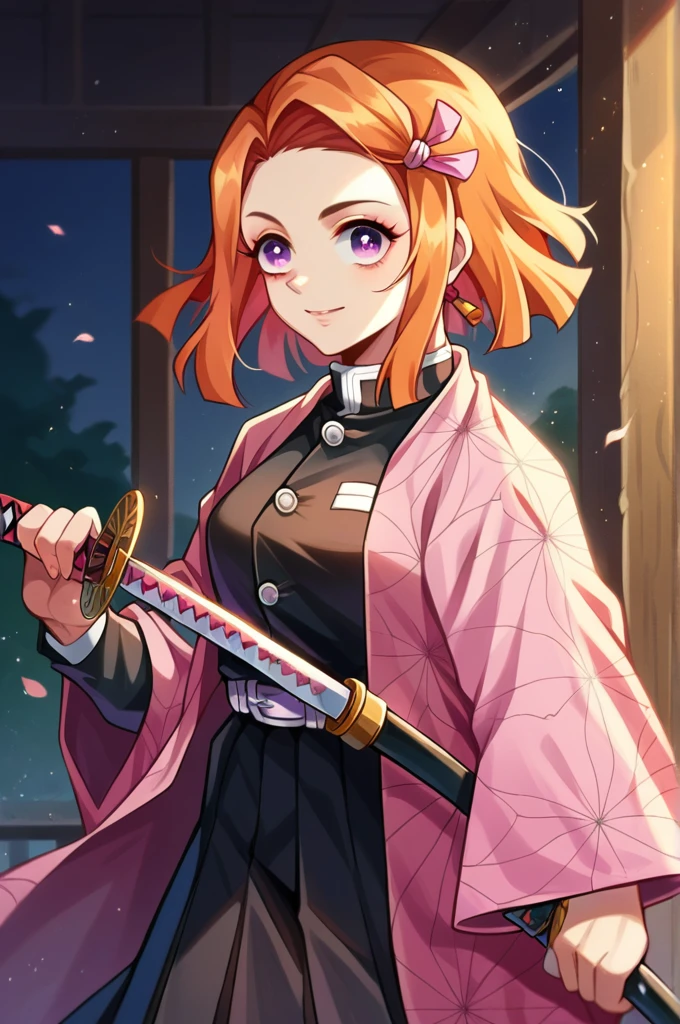 A beautiful young girl with short black and orange hair, wearing a Demon Slayer uniform with a black jacket and pleated skirt. She has purple eyes with white pupils and a warm smile on her face. She is holding a pink katana and standing in front of a traditional Japanese town, with a wooden railing in the foreground. The scene has a soft, colorful tone with a focus on the girl's detailed features and expression.