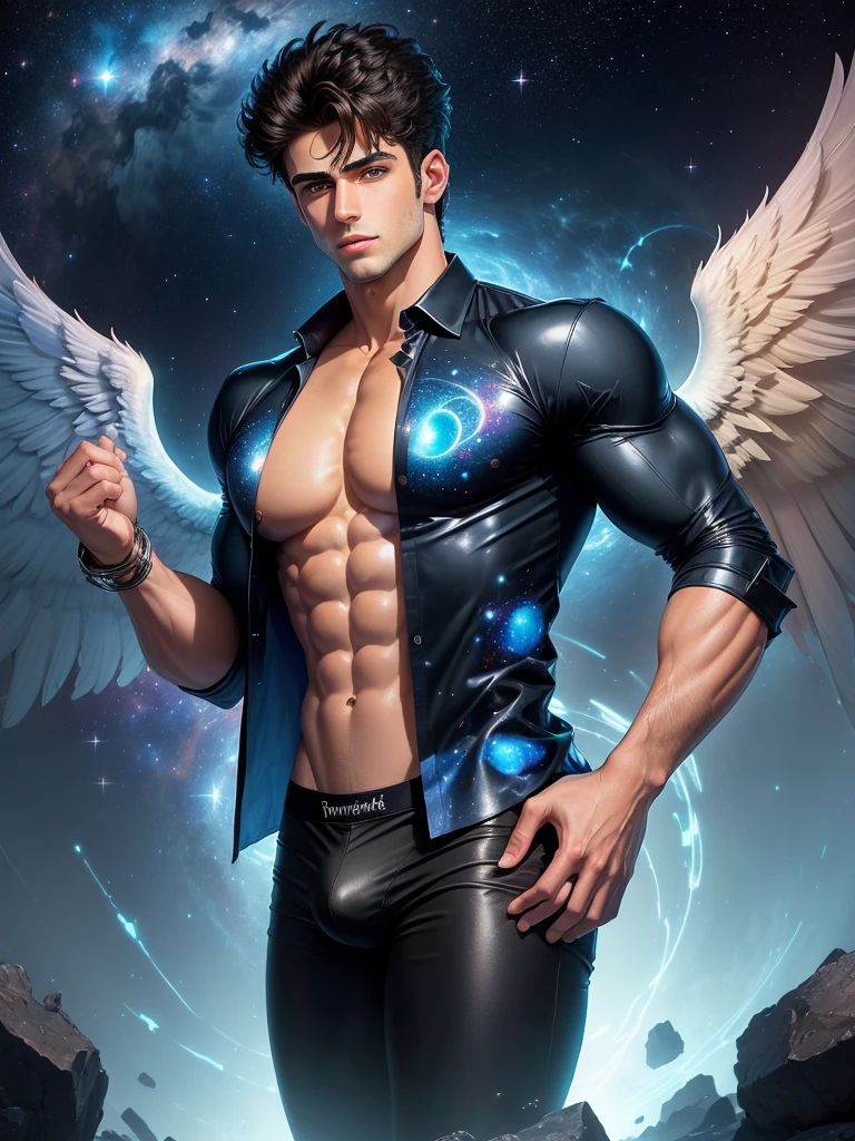 (1980s anime), (Cosmic Fallen Angel: 1.5), (masterpiece, high resolution, detailed:1.3), a mesmerizing depiction of a (strikingly handsome young man:1.5, (face: Matthew Daddario)) donning (cosmic print shirt and black brief, bulge:1.5), (open shirt showcasing chest and abs: 1.5), gorgeous, beautiful, wet, muscular, perfect eyes, sexy gaze, looking at the viewers romantically, perfect bare body, smooth skin, wide chest, largest breast, extremely large pectorals, big nipples, breathtaking grandeur, best quality, Biomechanical, eerie, Creepy, nightmarish, Very bright colors, Light particles, with light glowing, Mshiff, wallpaper art, UHD wallpaper, his (toned physique:1.5) is bathed in the soft glow of distant stars, and a hot glow in his skin, creating an otherworldly aura. As he sexually gazes out into the depths of space, his (intense blue eyes:1.2) reflect the wonder and curiosity of his cosmic journey. The intricate details of his attire and the (subtle gleam:1.2) on his skin are meticulously captured, lending an air of realism to the scene. (Sexiest posture: 1.5)