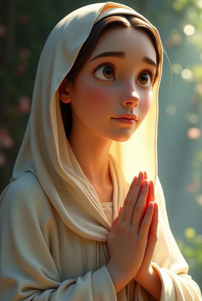 Stunning Mary of Nazareth, Jesus' mother, photo in 8k, praying, disney pixar style