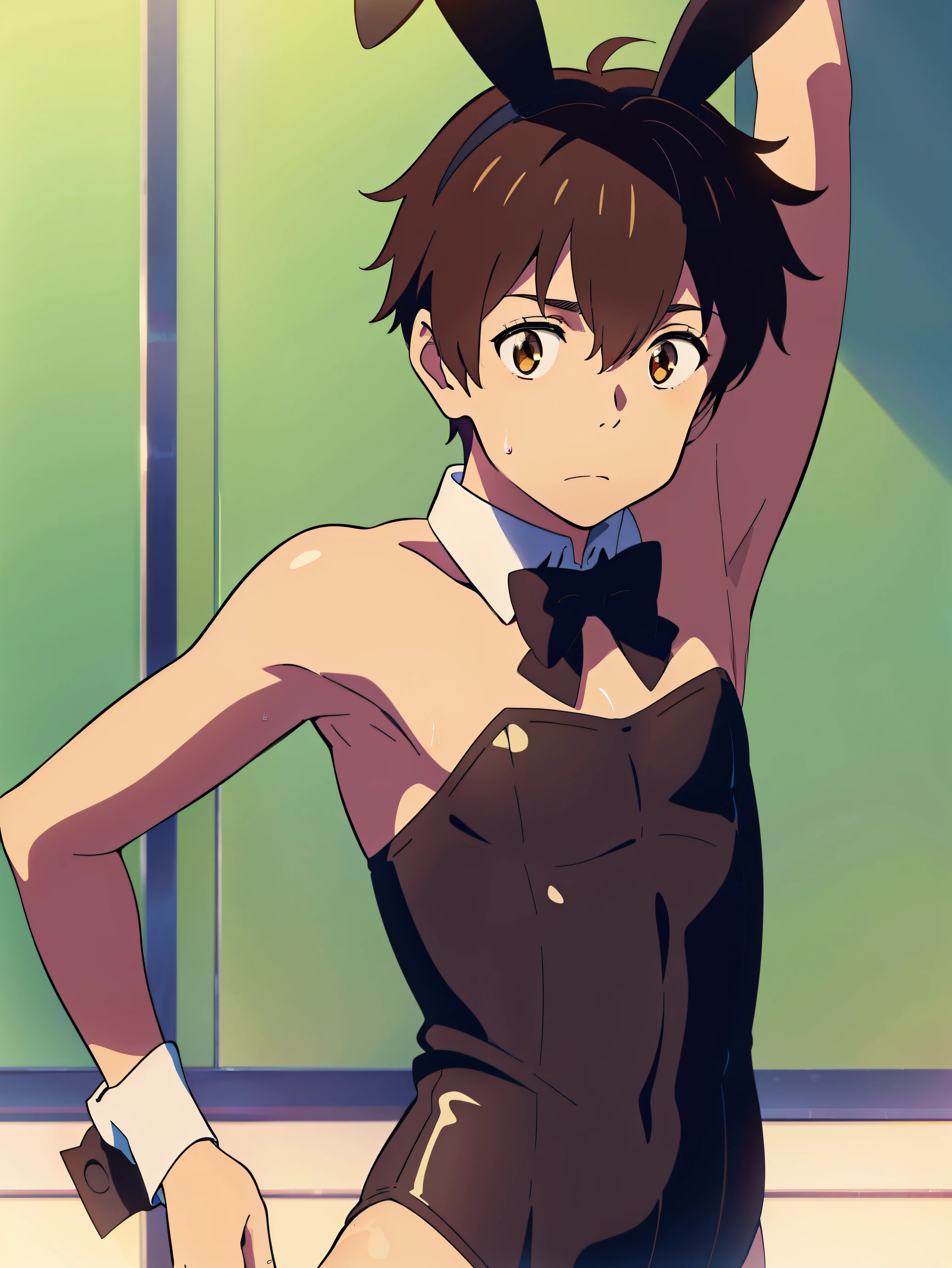 Highres, Masterpiece, Best quality at best,Best Quality,hight quality, hight detailed, Anime style, 1boy, Shota, young boy, shinkai makoto, kimi no na wa, Taki, hair between eyes,brown hair, slim body,  look at viewer,animal ears, playboy bunny, rabbit ears, fake rabbit ears, strapless, strapless leotard, detached collar, bare shoulders, bowtie, bow, wrist cuffs, choker, flat chest, upper body, simple beckground, (Showing armpit:1.3), (very young boy), (very small and short body), simple beckground, cute boy, Uhd, bokeh, sweat