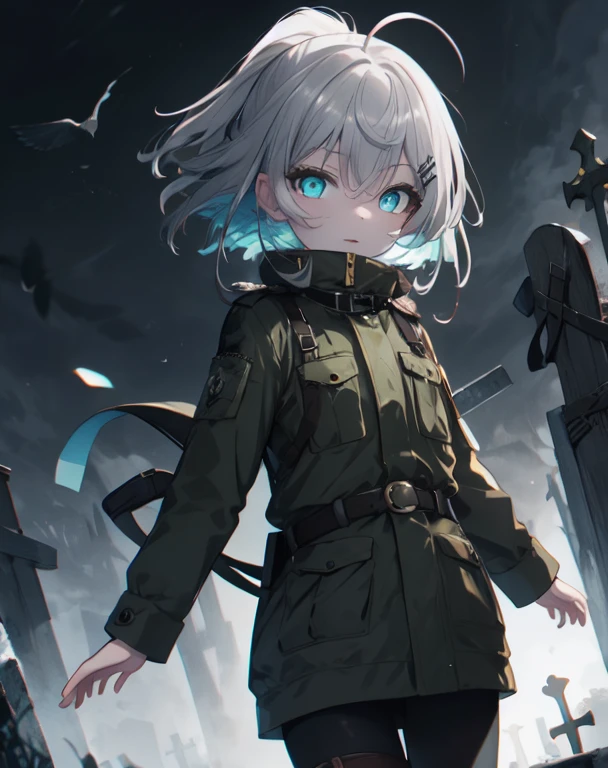 (8K, best quality, master piece: 1.3),super high resolution,1 girl, solo, cowboy shot ,ultra-detailed face, silme, (silver gray hair), thin hair clip, cyan colorshift eyes, expressive eyes, Ecstatic expression, Military style, nylon, cotton, camouflage, khaki, boots, belt, Mysterious graveyard, black, gray, green, dark and eerie