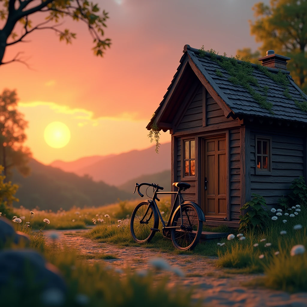 sunset,wooden house,bicycle