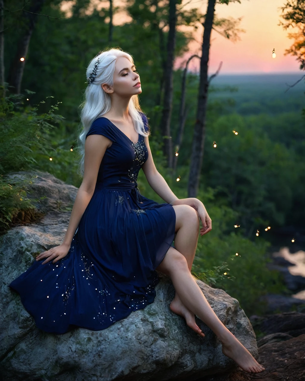 Forest fairy, very beautiful, White skin, White hair, Navy blue dress, sitting on a rock,  forest background at sunset, fireflies around, photographic quality, masterpiece. 