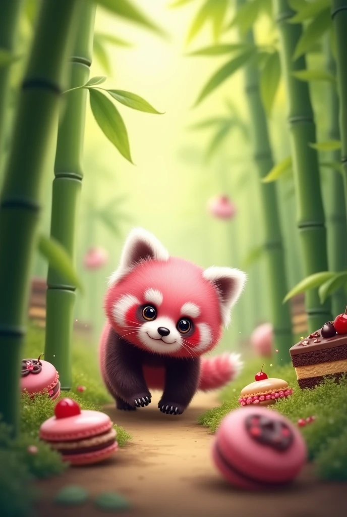 Image of a pink panda cub walking in the middle of a bamboo forest with several cakes and pastries scattered along the way