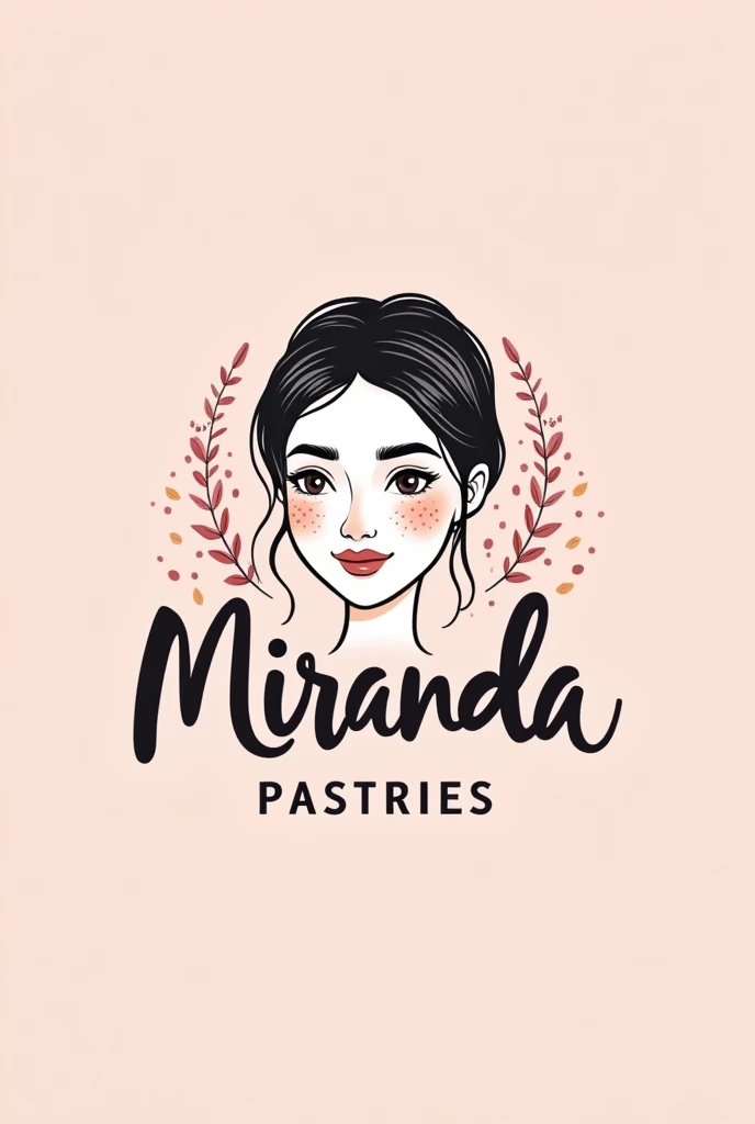 Create a company logo that says Miranda Pastries with a small drawing of a white-skinned woman with dark hair and freckles on her face and that is related to pastry with pink colors.