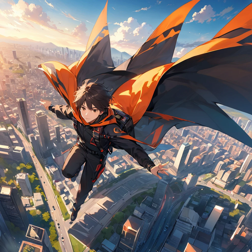 A young Japanese man in black clothes , Flying in a wingsuit、adventure、Challenger、The city spreads out below