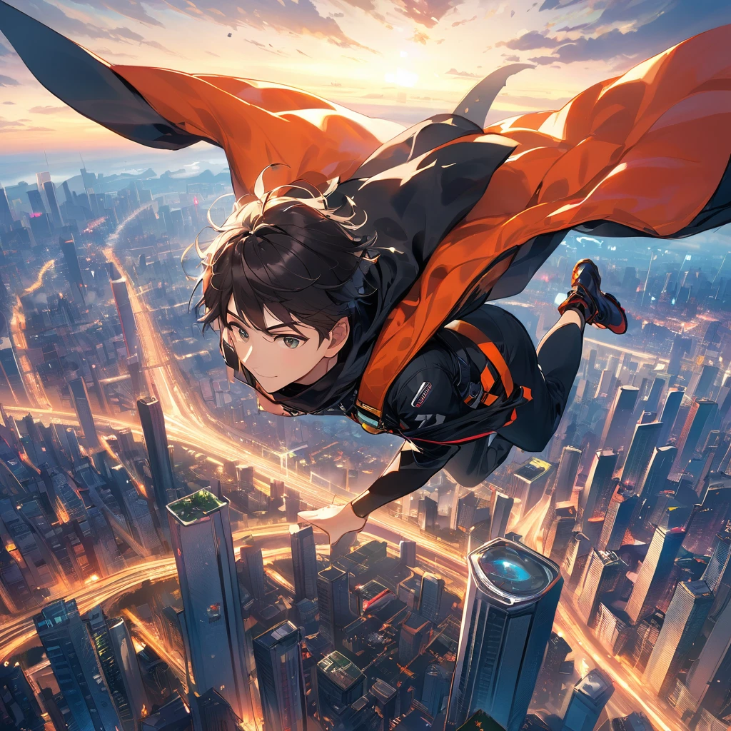 A young Japanese man in black clothes , Flying in a wingsuit、adventure、Challenger、The city spreads out below