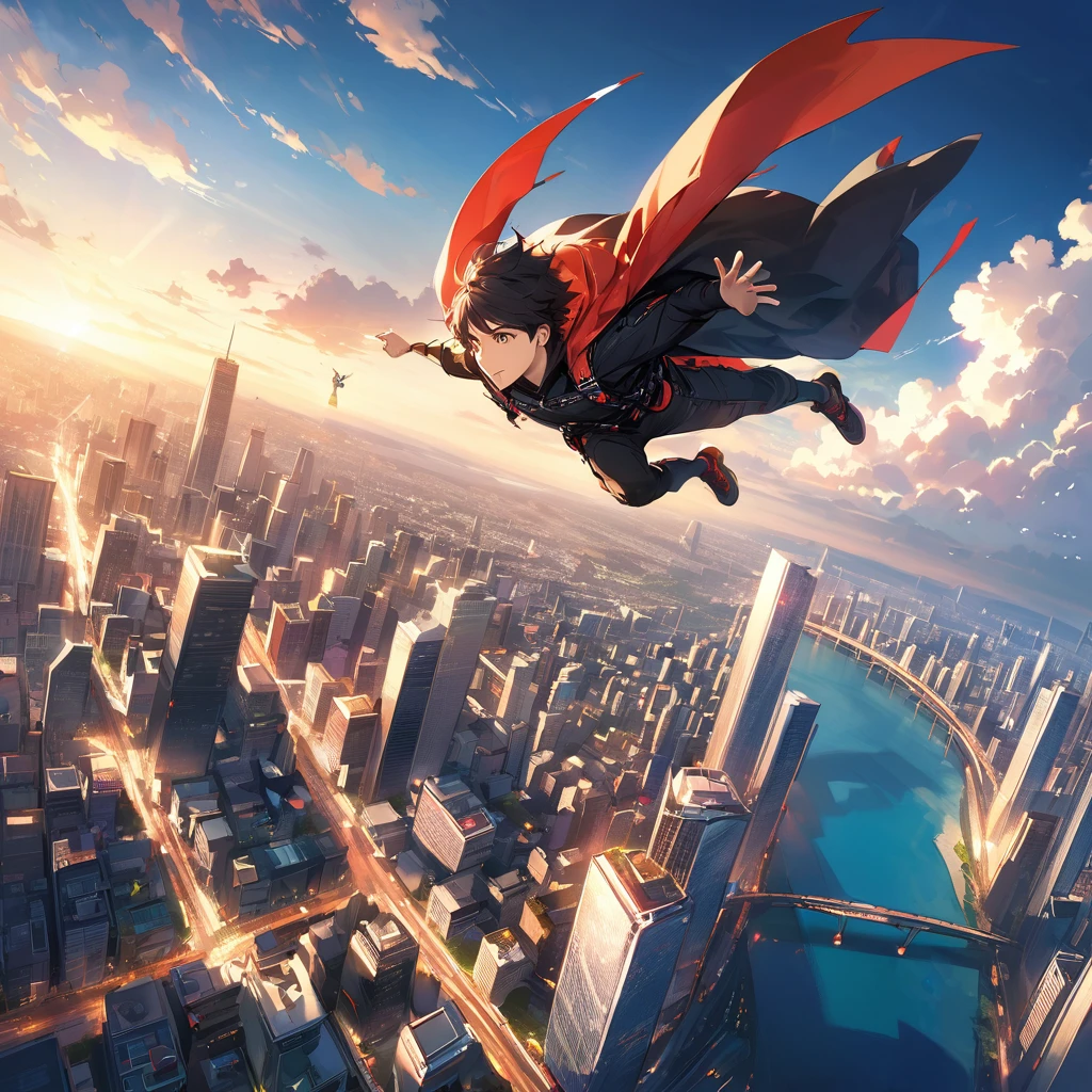 A young Japanese man in black clothes , Flying in a wingsuit、adventure、Challenger、The city spreads out below