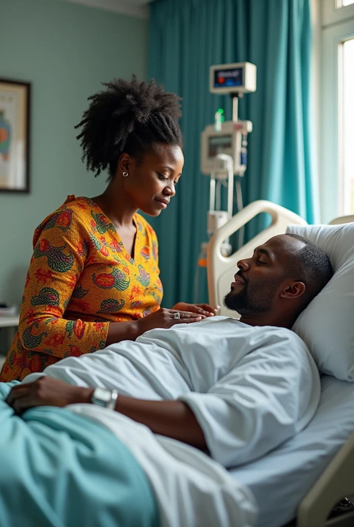 African woman hgiving her husband help in the hospital