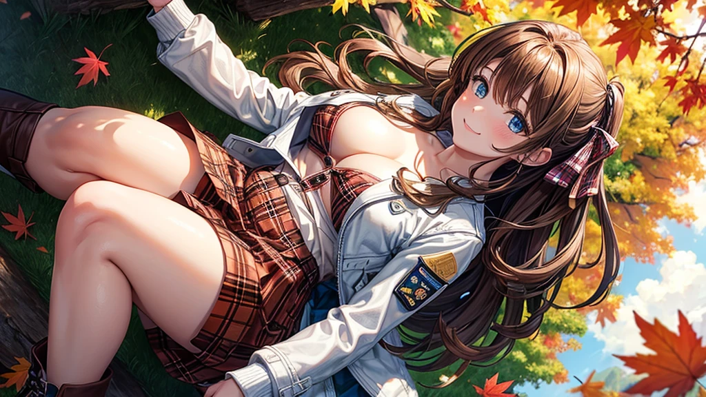 1girl, solo, trees, sun, clouds, autumn, colorful trees, falling leaves, ((brown hair)), long hair, large breasts, ((white leather jacket)), button down shirt, ((blue checked shirt)), ((unbuttoned shirt)), unbuttoning buttons, ((full cleavage)), blue eyes, long skirt, brown boots, smile, happy, looking at the viewer, walking, ((upper view)), hair ribbon, golden necklate