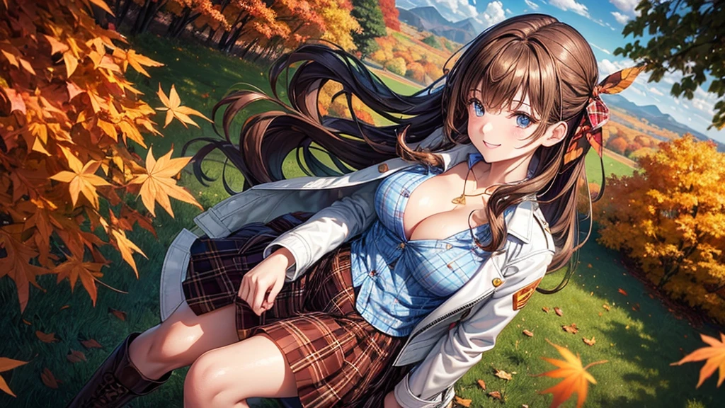 1girl, solo, trees, sun, clouds, autumn, colorful trees, falling leaves, ((brown hair)), long hair, large , ((white leather jacket)), button shirt, ((blue checked shirt)), ((unbuttoned shirt)), unbuttoning buttons, (( cleavage)), blulong skirt, brown boots, smile, happy, looking at the viewer, walking, ((upper view)), hair ribbon, golden necklate