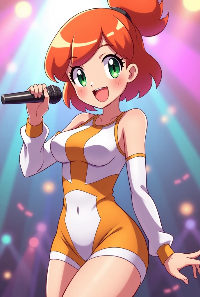 Draw Misty from Pokémon in anime version as a pop star dancing with a microphone in her hand, green eyes and a radiant smile, surrounded by a background with pastel colors. Her hair is short orange tied into a ponytail ,Her bangs are divine in three parts.
Let your clothes be white with orange.