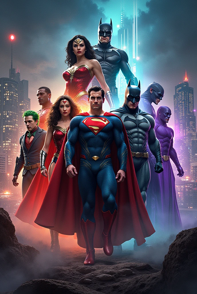 Please generate me an image for a canvas that represents the DC Comic universe with 5 characters.
It must be in horizontal format