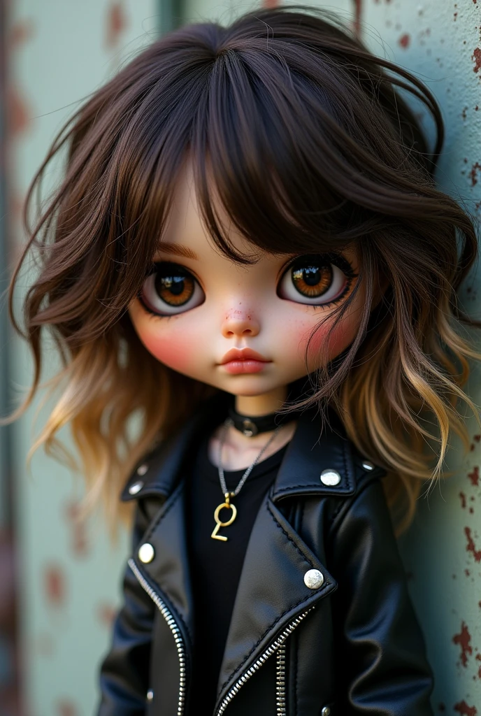 Make me a blythe doll, with layered hair, messy dark brown hair and several blonde strands in front, with few bangs, dark brown eyes, eye shadow and black eyeliner, silver chains and alternative