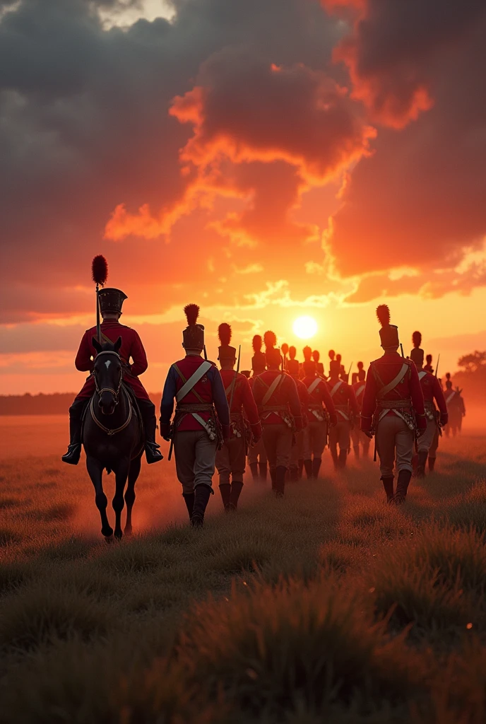 A hyper-realistic, photographic depiction of a melancholic evening during the Napoleonic Wars. A lot of French soldiers in historically accurate red and blue uniforms, complete with detailed shakos, marches through a vast, golden field. Their muskets are slung over their shoulders, and the expressions on their faces are captured with stunning clarity, showing weariness and resolve. Leading the formation is an officer on horseback, his uniform and horse rendered in photographic detail. The setting sun casts a dramatic, orange and red glow across the sky, with realistic clouds and intense lighting effects creating long shadows over the soldiers and field. The sky is ablaze with rich reds, oranges, and purples, partially obscured by thick clouds, and the entire scene is illuminated with soft, natural light. Light mist rises from the ground, and every blade of grass, fold of the uniform, and shadow is rendered with sharp realism. The distant sound of battle is faint in the background, with the overall mood heavy with a sense of loss and quiet endurance. The scene is photographed with high resolution, capturing every detail of the soldiers, their uniforms, the landscape, and the atmosphere with vivid accuracy.
