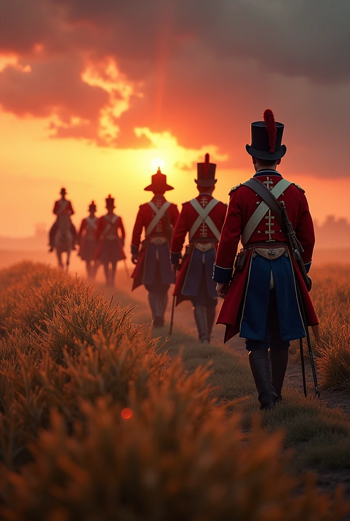 A hyper-realistic, photographic depiction of a melancholic evening during the Napoleonic Wars. A lot of French soldiers in historically accurate red and blue uniforms, complete with detailed shakos, marches through a vast, golden field. Their muskets are slung over their shoulders, and the expressions on their faces are captured with stunning clarity, showing weariness and resolve. Leading the formation is an officer on horseback, his uniform and horse rendered in photographic detail. The setting sun casts a dramatic, orange and red glow across the sky, with realistic clouds and intense lighting effects creating long shadows over the soldiers and field. The sky is ablaze with rich reds, oranges, and purples, partially obscured by thick clouds, and the entire scene is illuminated with soft, natural light. Light mist rises from the ground, and every blade of grass, fold of the uniform, and shadow is rendered with sharp realism. The distant sound of battle is faint in the background, with the overall mood heavy with a sense of loss and quiet endurance. The scene is photographed with high resolution, capturing every detail of the soldiers, their uniforms, the landscape, and the atmosphere with vivid accuracy.