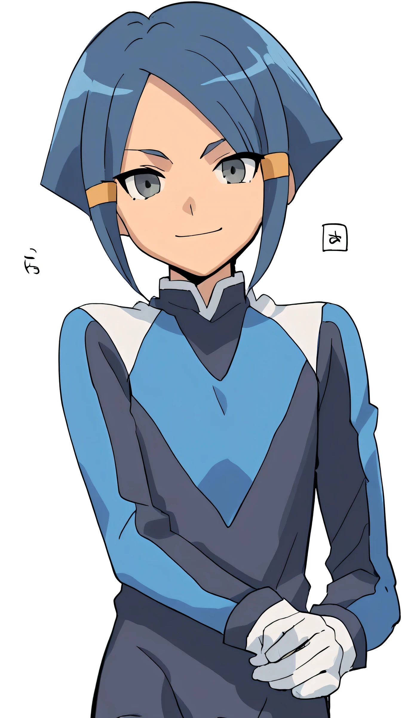 score_9, score_8_superior, score_7_superior, score_6_superior, score_5_superior, score_4_superior, Break Source_anime, White Background, One person, Clara, Blue Hair, Hair Tube, Grey Eyes, Pause, Hand in hand, View your viewers, Wicked Smile, white gloves, gloves, Bodysuits, Dark Emperor, boots,