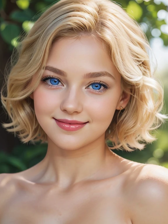 (Masterpiece), (best quality), (realistic), (Beautiful+(feminine)+((lovely))+innocent), Blonde short curly hair, (crystal blue eyes), beautiful eyes, almond eyes, happy eyes, 40 years, (feminine curves), (round cheeks), dimples, rounded chin, (adoration expression), small nose, 160cm, smiling, red lips, wearing a beautiful strapless dress, headshot