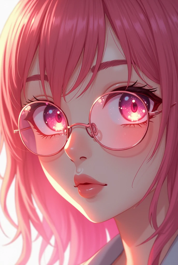 Close-up of a woman with rosa hair wearing glasses, artwork in Guvez style, Guvez, Kawaii realistic portrait, inspired by Seihiko-kun, glowing rosa face, rosa girl, cute anime portrait, rosa glasses, glowing rosa eyes, realistic 3d anime style, yanjuncheng, realistic anime art style, ((rosa)8k