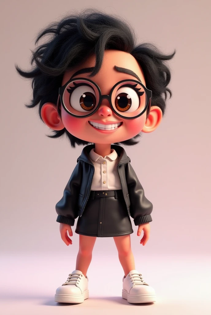 Personagem cartoon 3d de (Female One) from the movie Inside Out Disney Pixar style, with the skin
(Pink), eyeballs (light brown s), body hair (body hair curto preto),
(wearing glasses, white blouse, Black jacke, short leather skirt, white platform shoe). expression of (smiling angrily) in the face